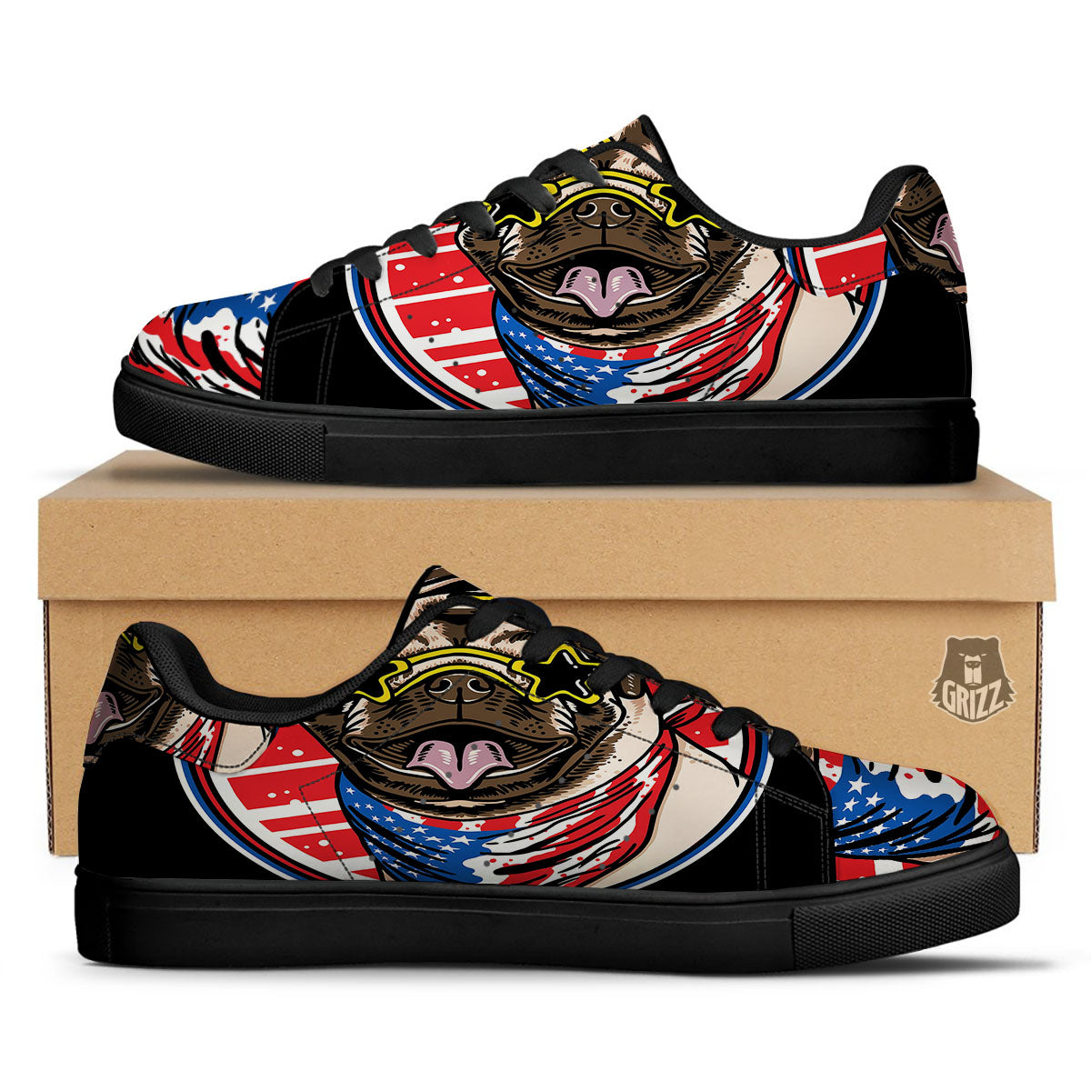 Pug Hipster Print Black Low Top Sneakers-grizzshop