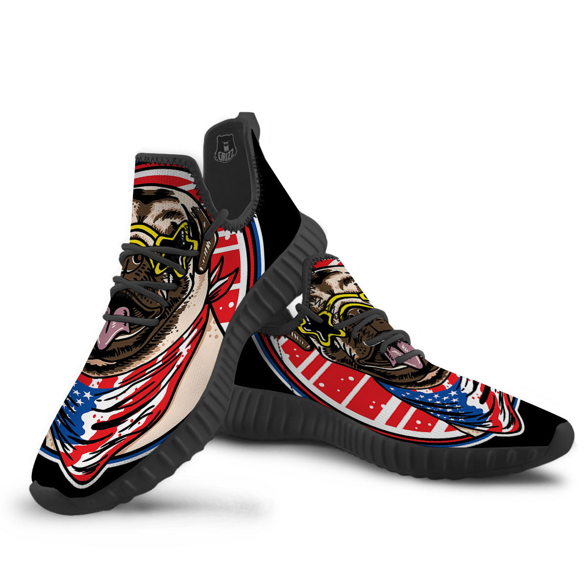 Pug Hipster Print Black Walking Shoes-grizzshop