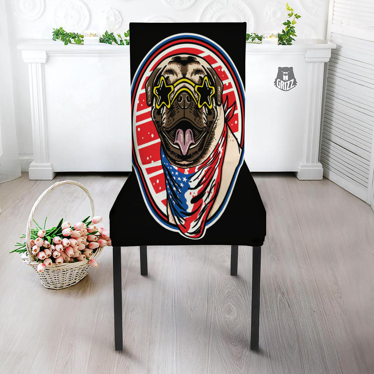 Pug Hipster Print Dining Chair Slipcover-grizzshop