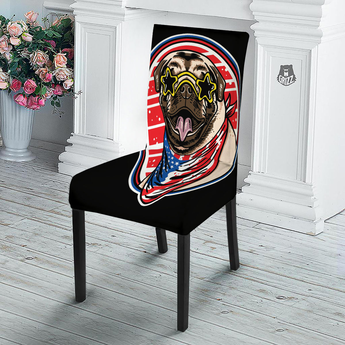 Pug Hipster Print Dining Chair Slipcover-grizzshop