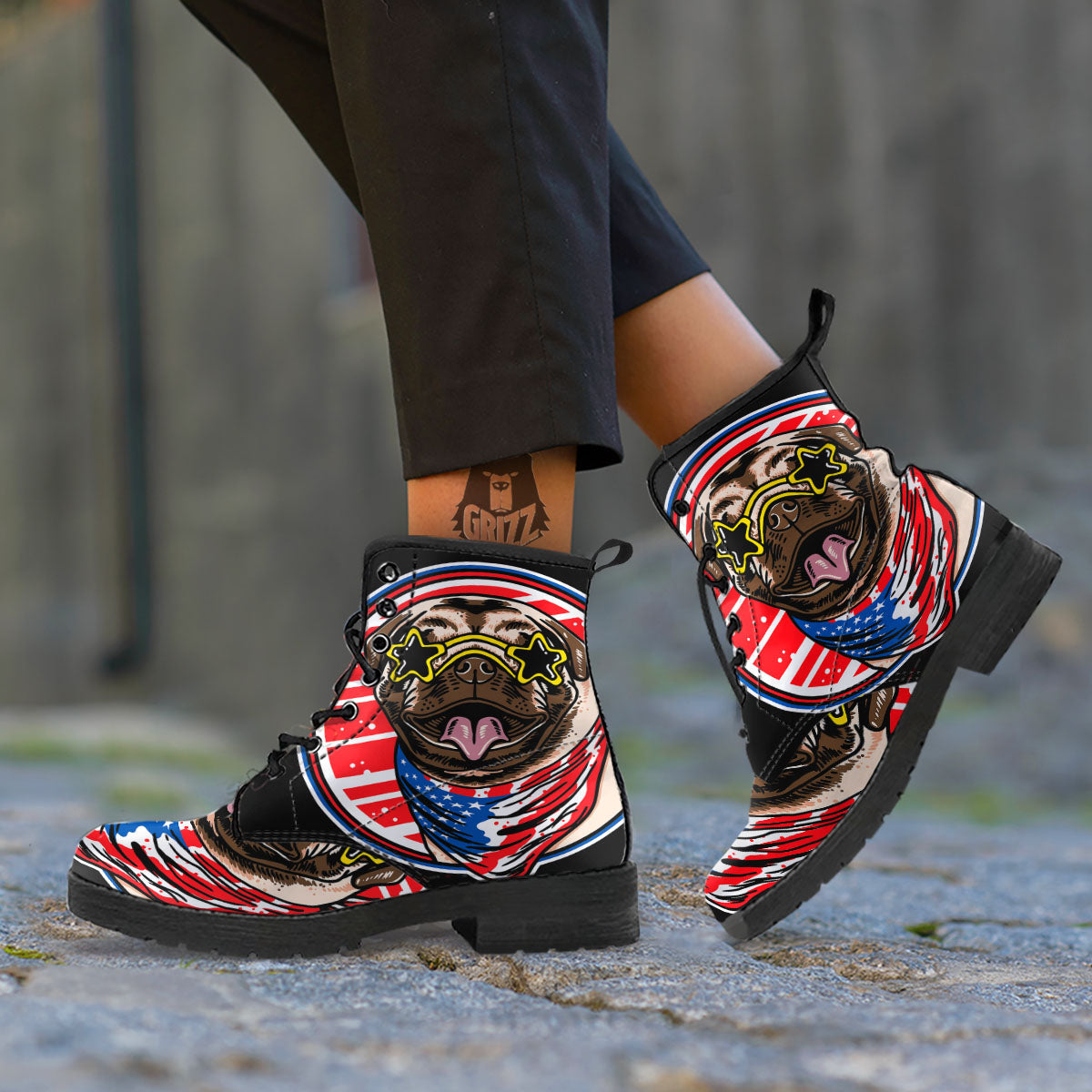 Pug Hipster Print Leather Boots-grizzshop