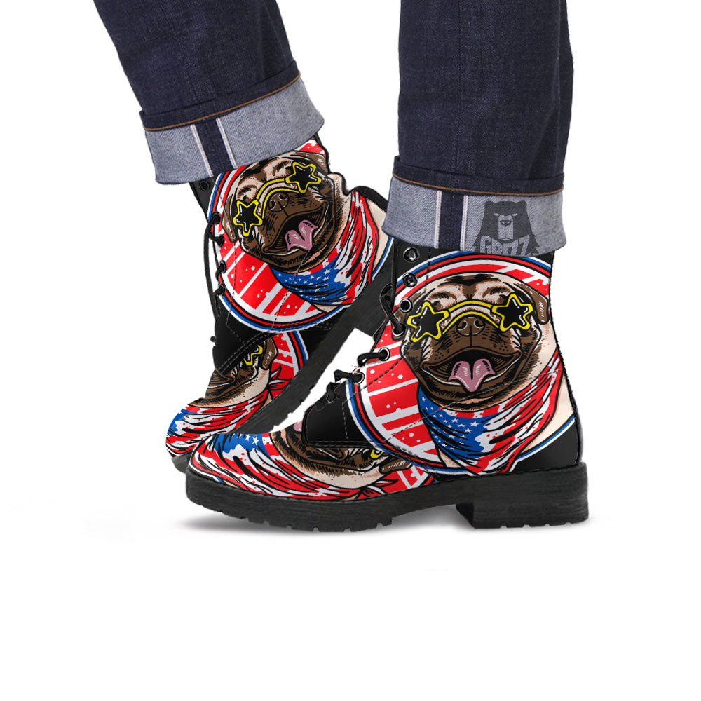 Pug Hipster Print Leather Boots-grizzshop