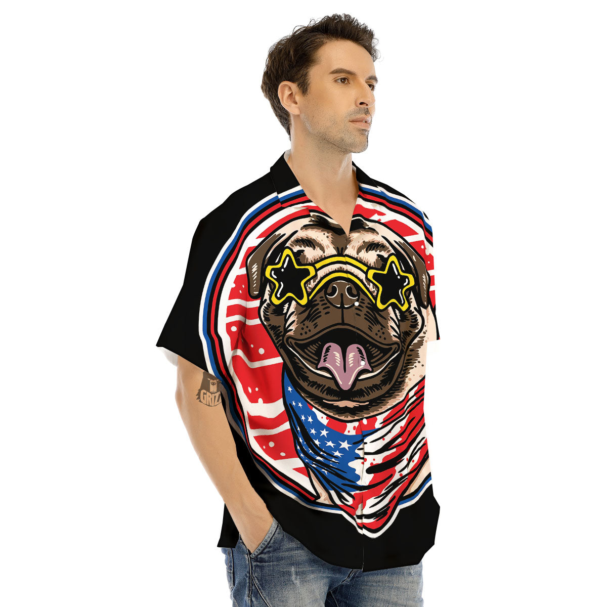 Pug Hipster Print Men's Hawaiian Shirt-grizzshop