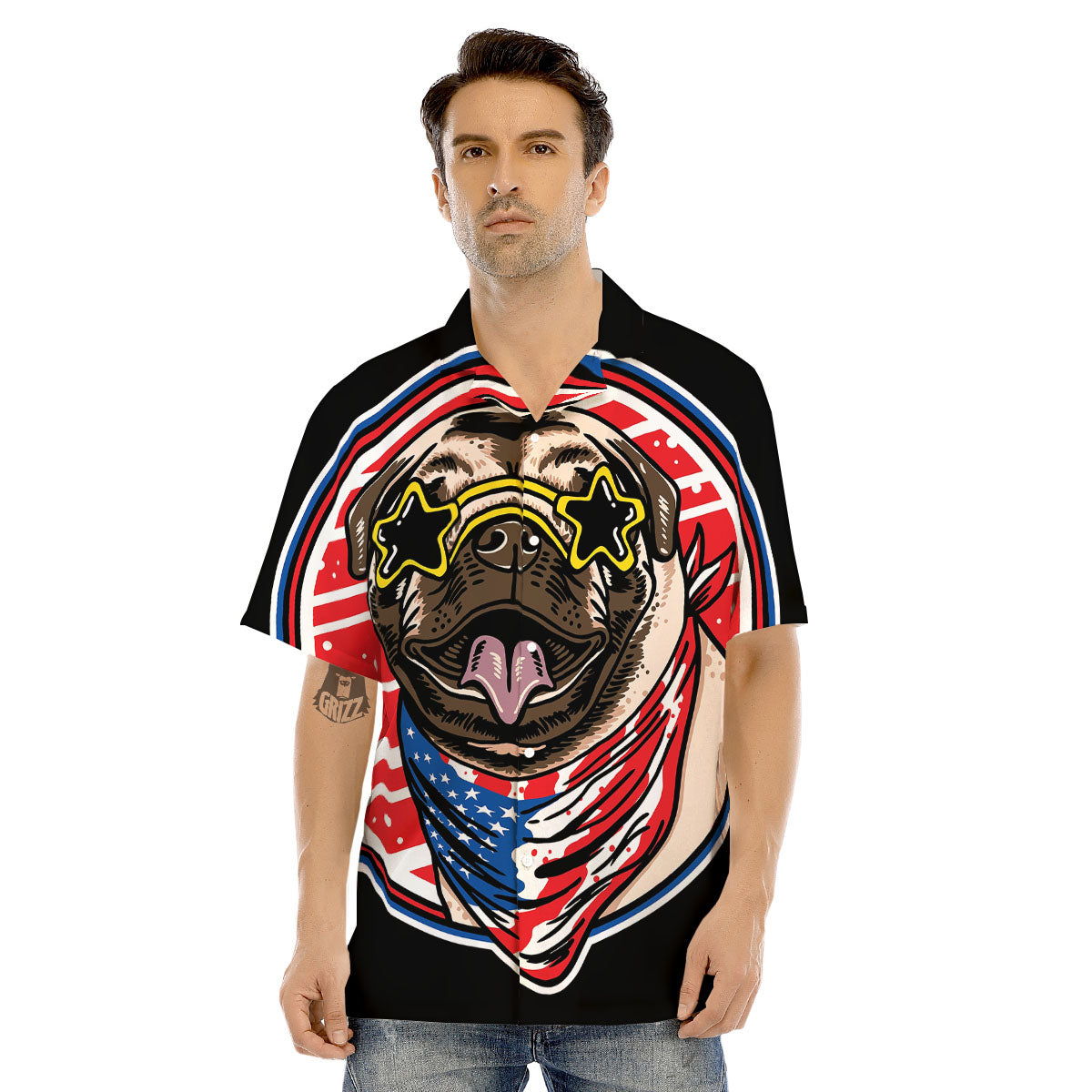 Pug Hipster Print Men's Hawaiian Shirt-grizzshop