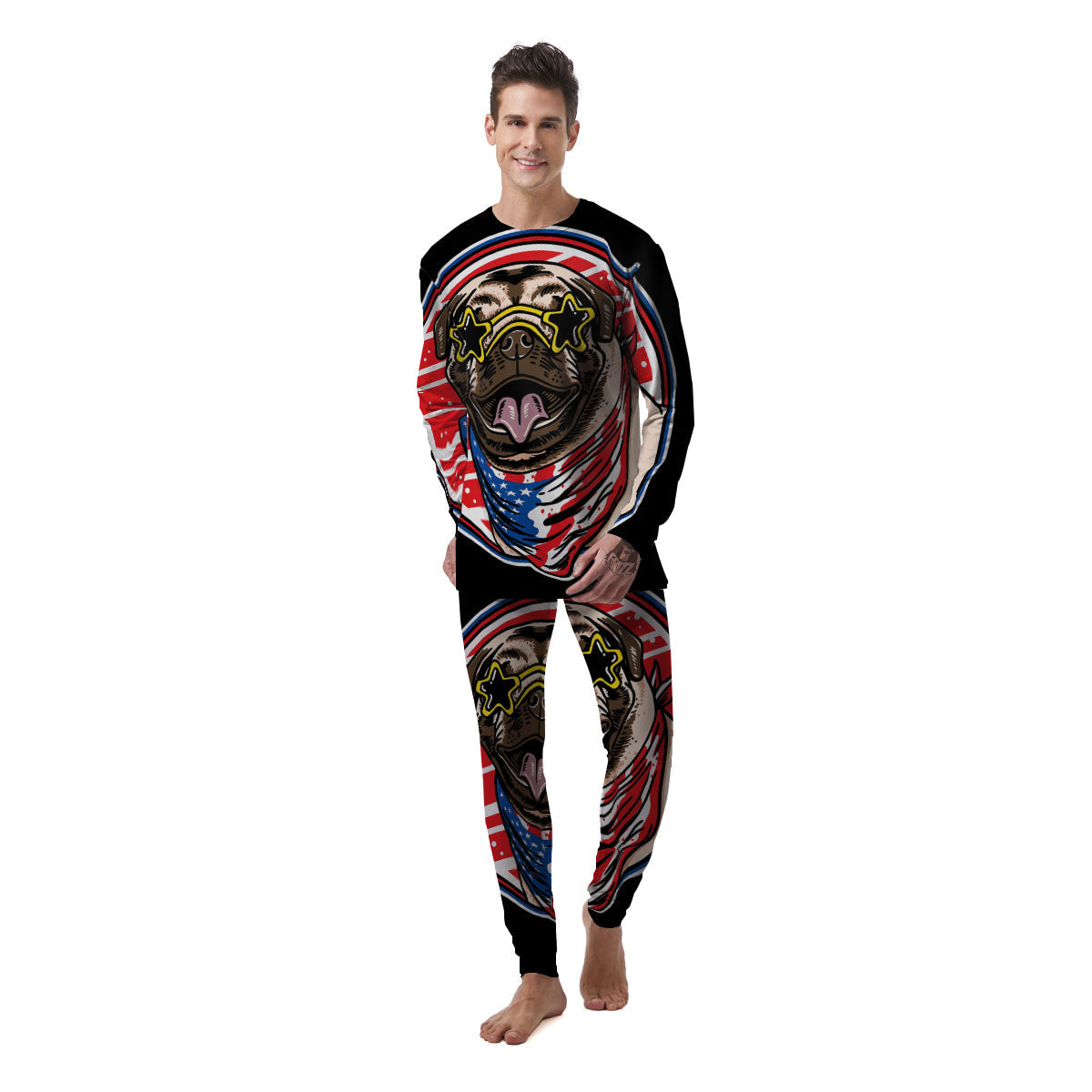 Pug Hipster Print Men's Pajamas-grizzshop