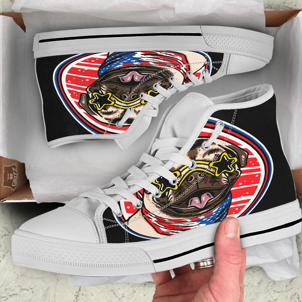 Pug Hipster Print White High Top Shoes-grizzshop
