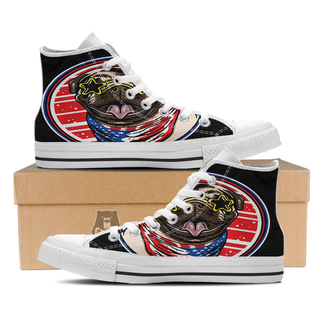 Pug Hipster Print White High Top Shoes-grizzshop
