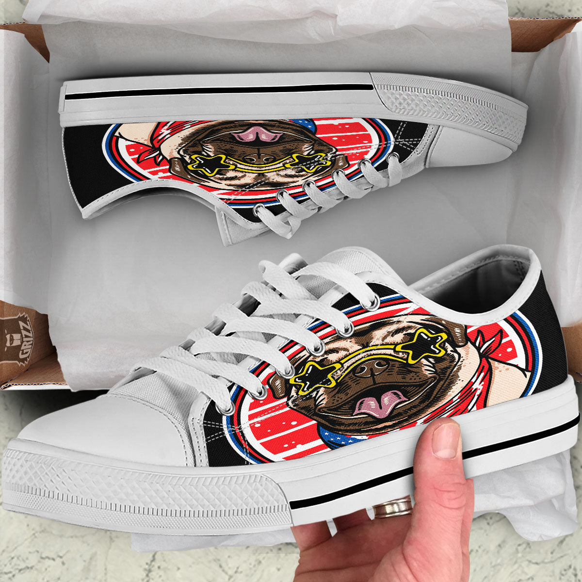 Pug Hipster Print White Low Top Shoes-grizzshop