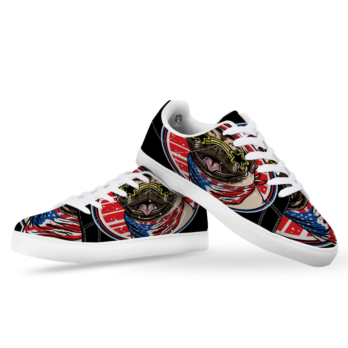 Pug Hipster Print White Low Top Sneakers-grizzshop
