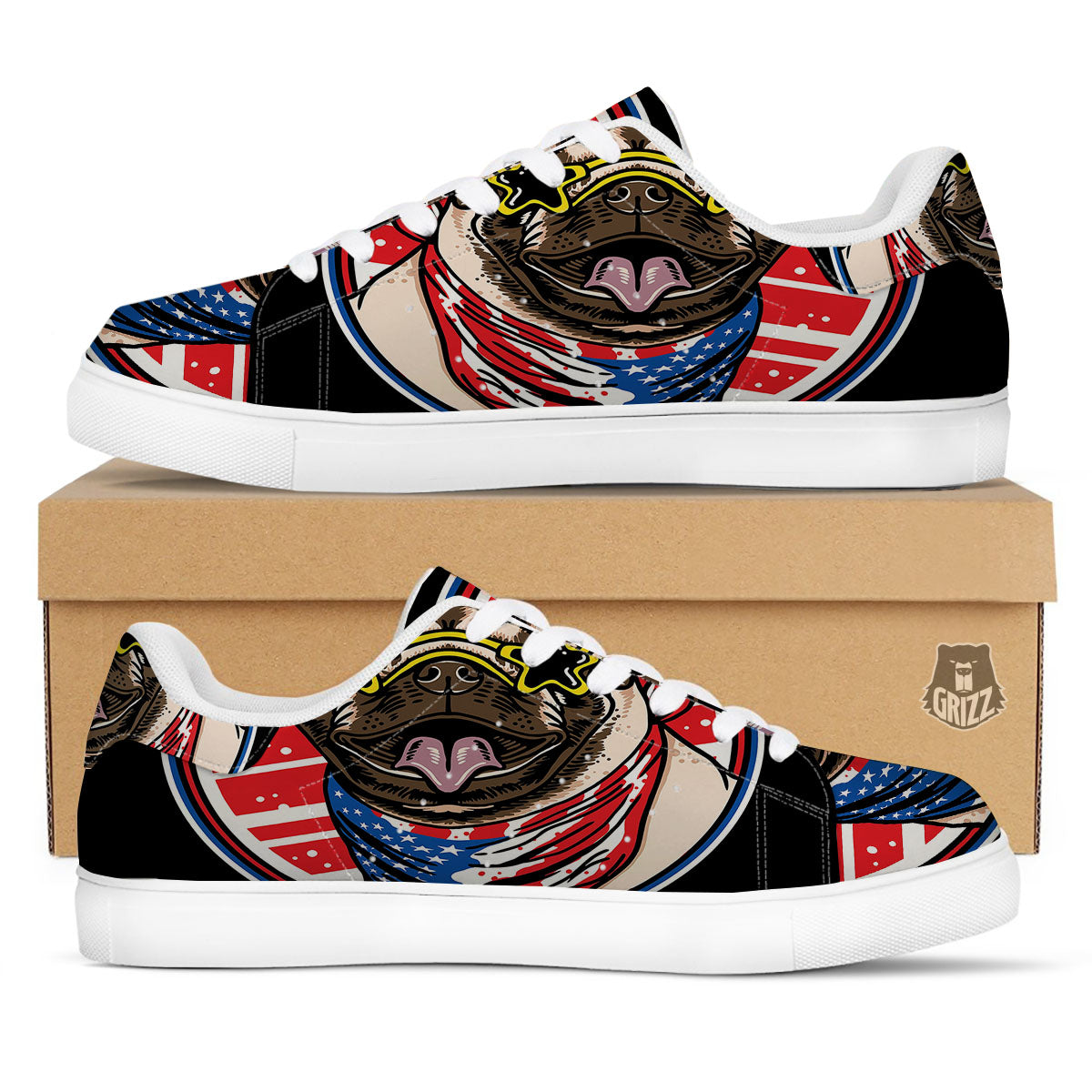 Pug Hipster Print White Low Top Sneakers-grizzshop