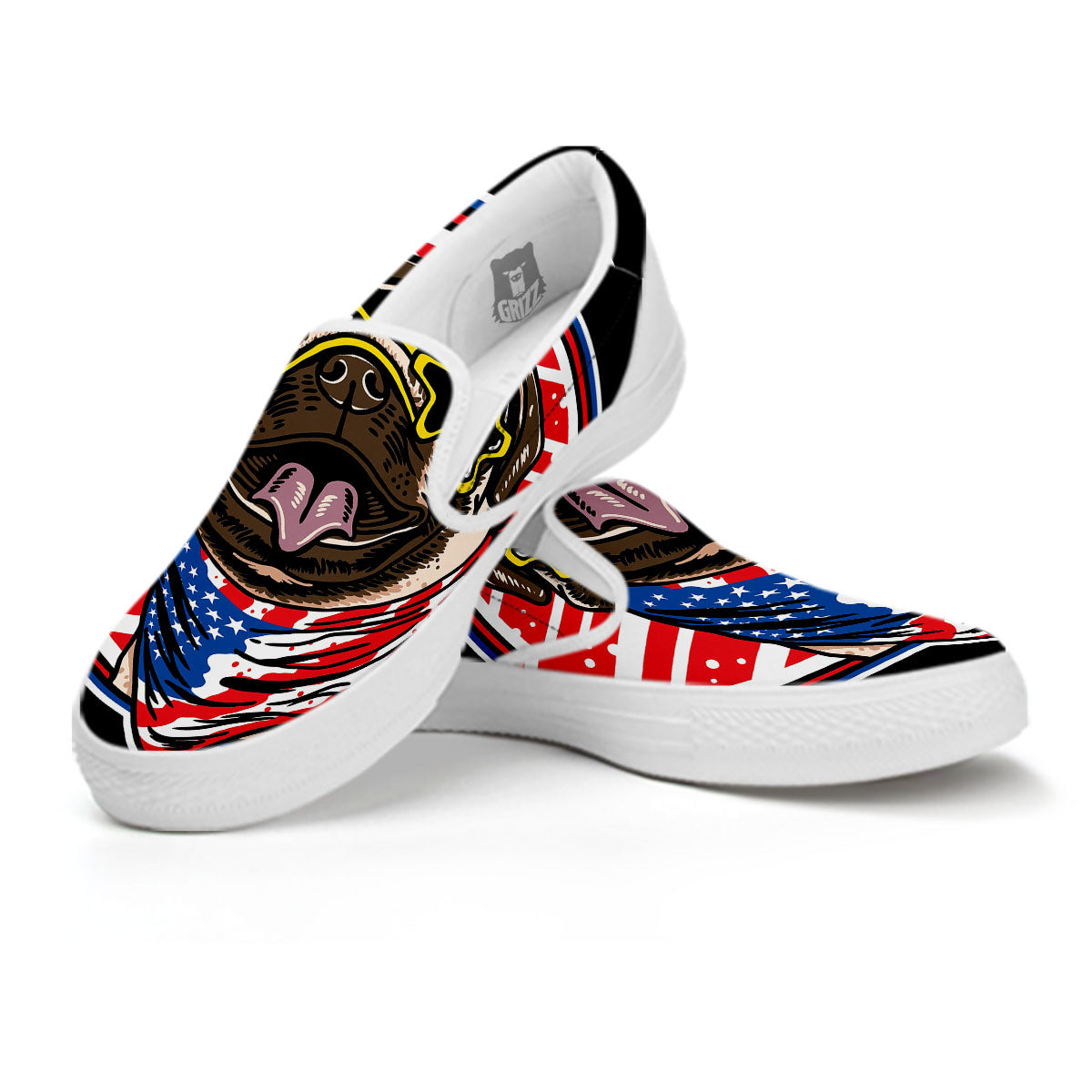 Pug Hipster Print White Slip On Shoes-grizzshop