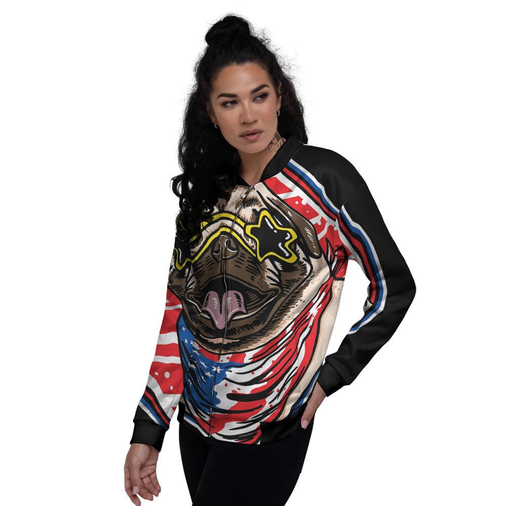 Pug Hipster Print Women's Bomber Jacket-grizzshop