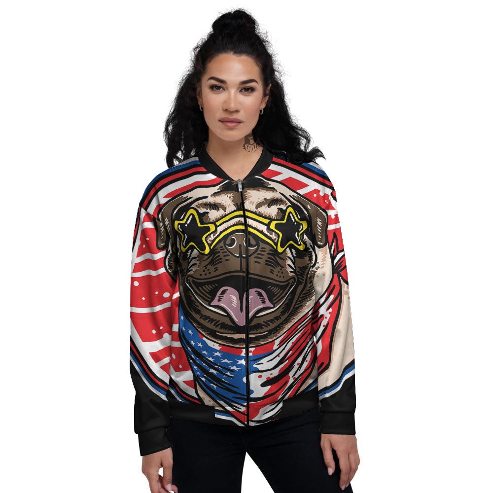 Pug Hipster Print Women's Bomber Jacket-grizzshop
