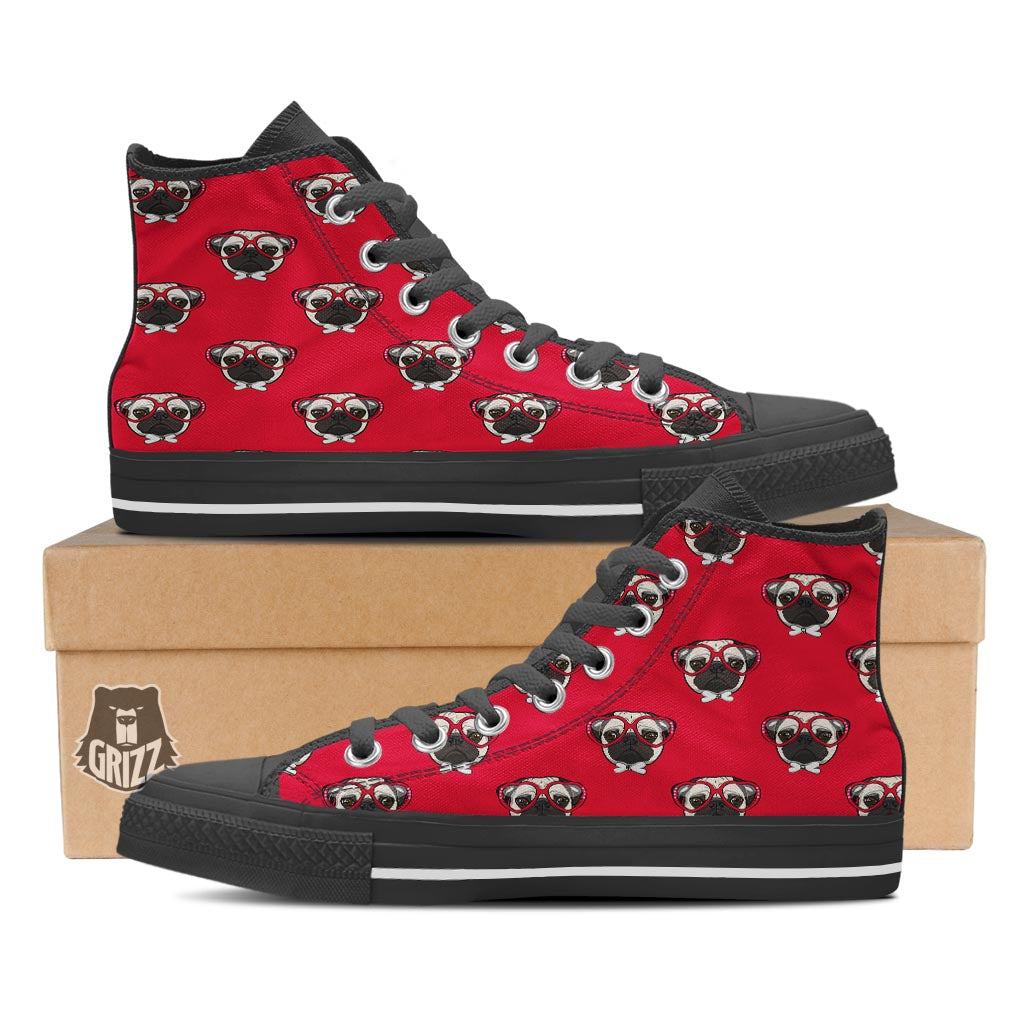 Pug Red Glasses Print Pattern Black High Top Shoes-grizzshop