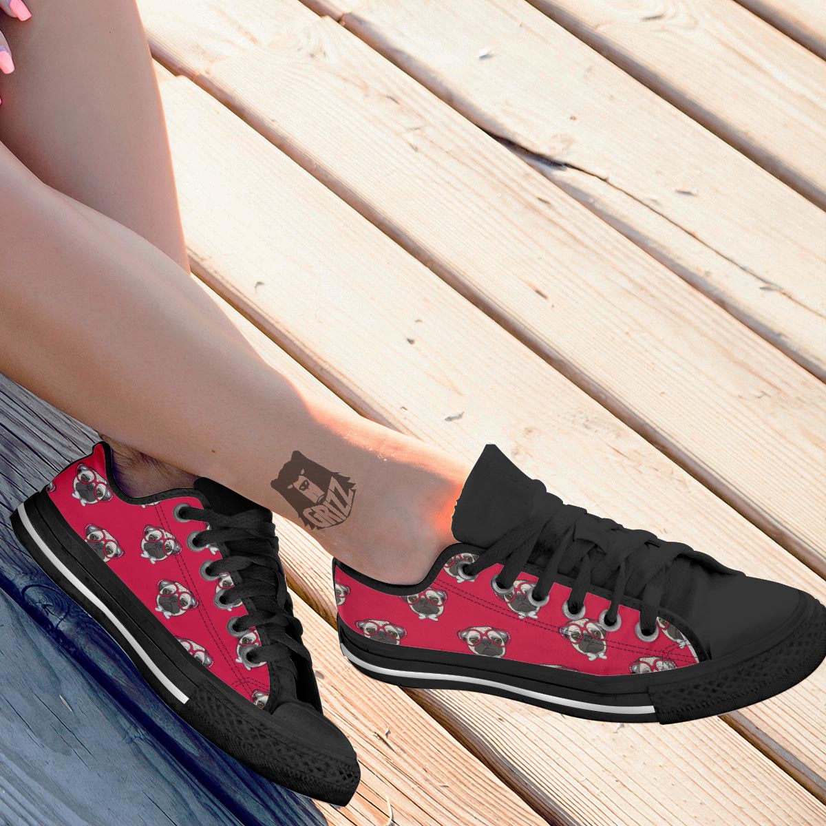 Pug Red Glasses Print Pattern Black Low Top Shoes-grizzshop