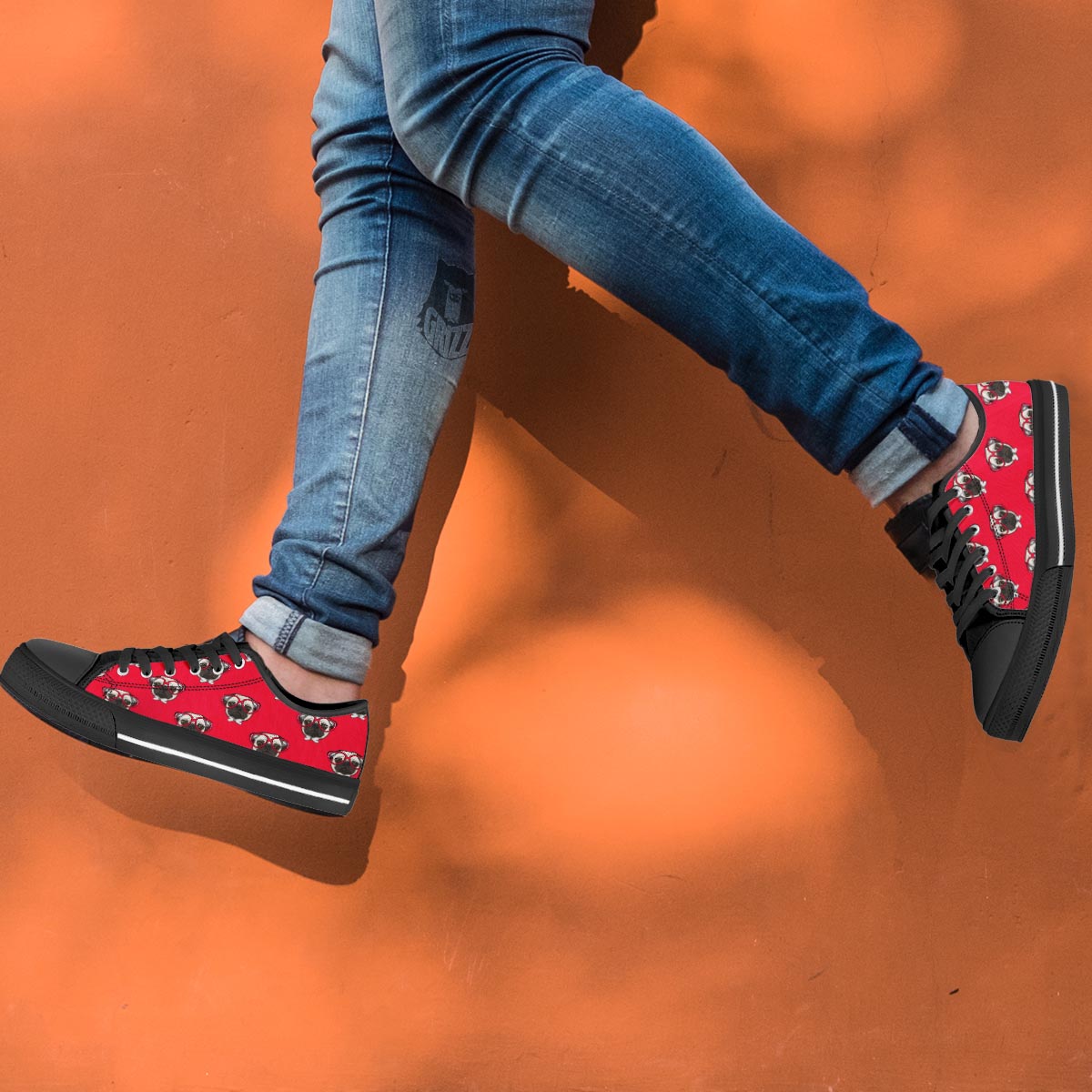 Pug Red Glasses Print Pattern Black Low Top Shoes-grizzshop