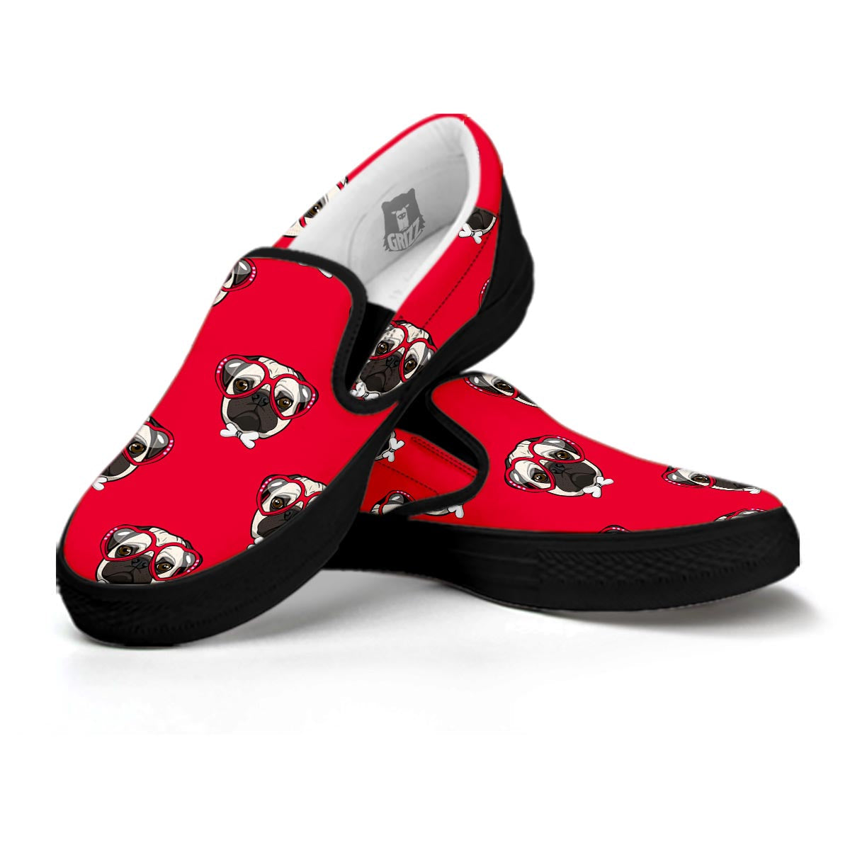Pug Red Glasses Print Pattern Black Slip On Shoes-grizzshop