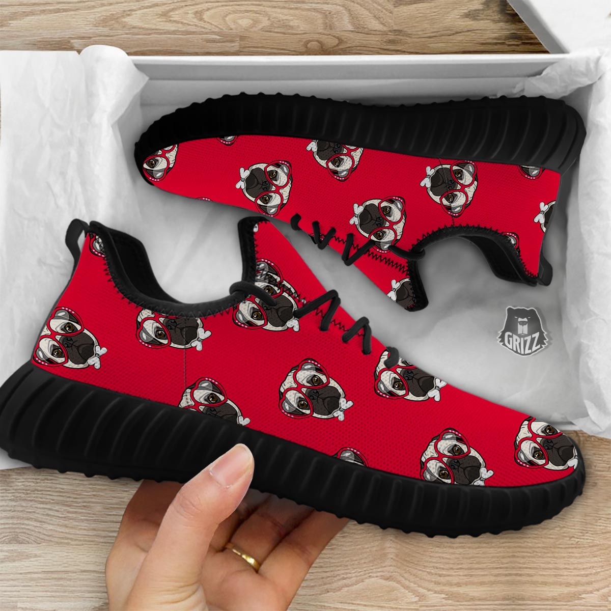 Pug Red Glasses Print Pattern Black Walking Shoes-grizzshop