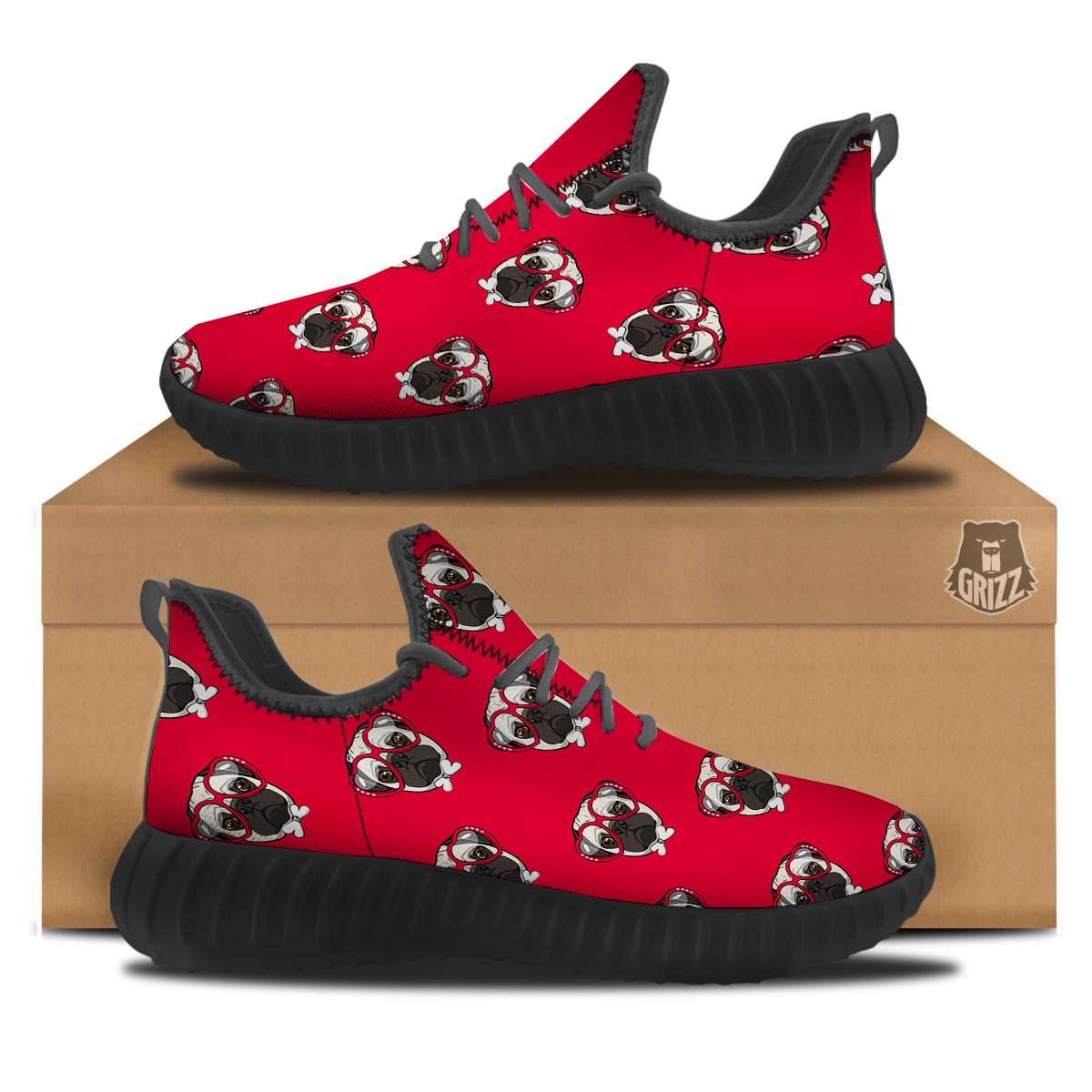 Pug Red Glasses Print Pattern Black Walking Shoes-grizzshop