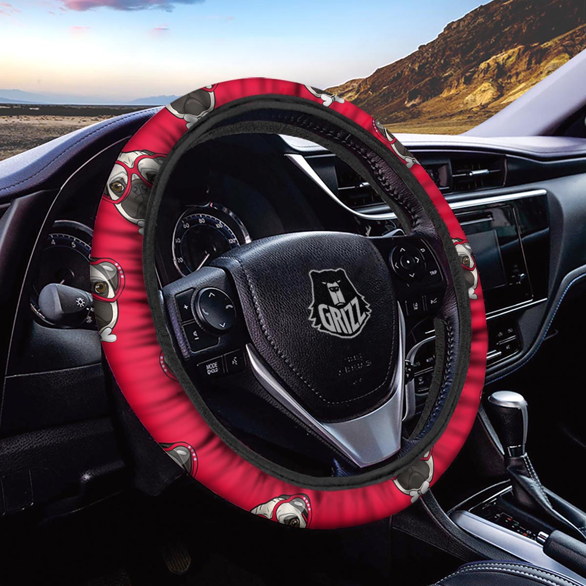 Pug Red Glasses Print Pattern Car Steering Wheel Cover-grizzshop