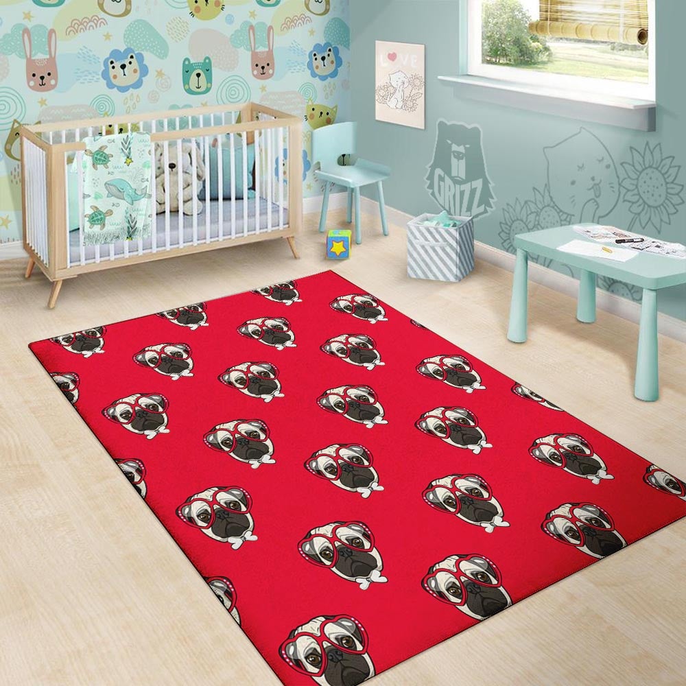 Pug Red Glasses Print Pattern Floor Mat-grizzshop