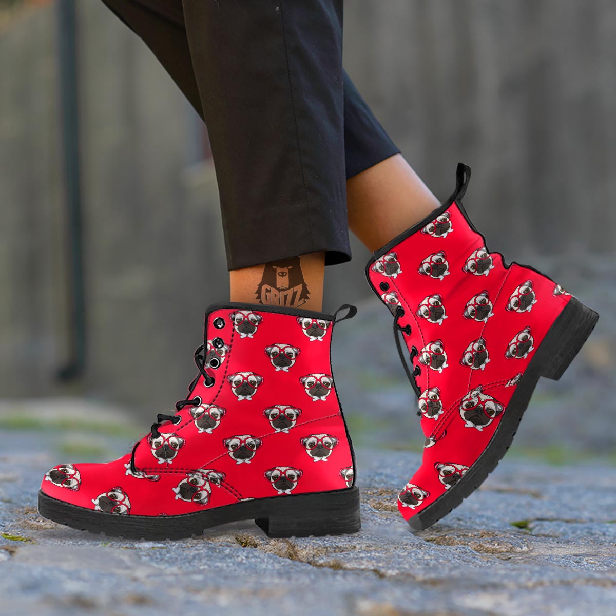 Pug Red Glasses Print Pattern Leather Boots-grizzshop