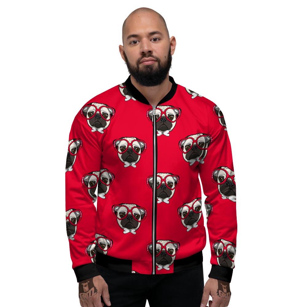 Pug Red Glasses Print Pattern Men's Bomber Jacket-grizzshop