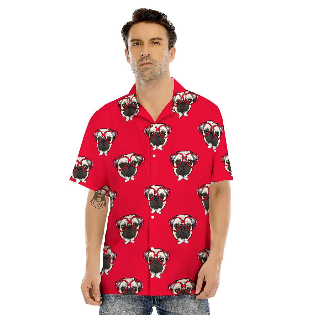Pug Red Glasses Print Pattern Men's Hawaiian Shirt-grizzshop