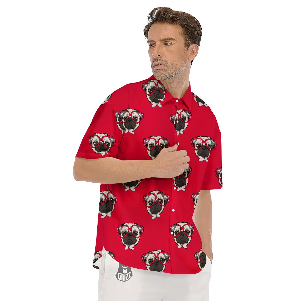 Pug Red Glasses Print Pattern Men's Short Sleeve Shirts-grizzshop