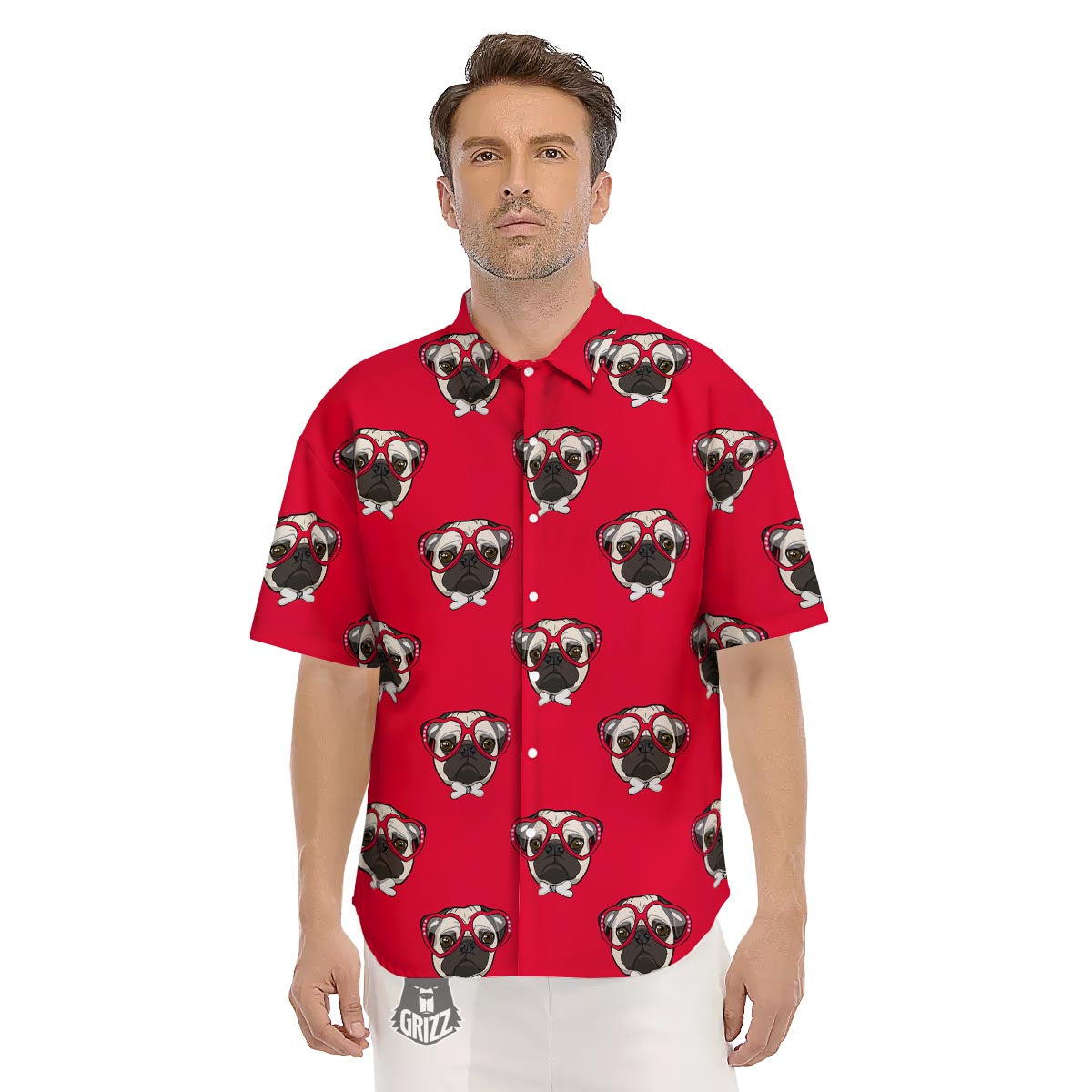 Pug Red Glasses Print Pattern Men's Short Sleeve Shirts-grizzshop