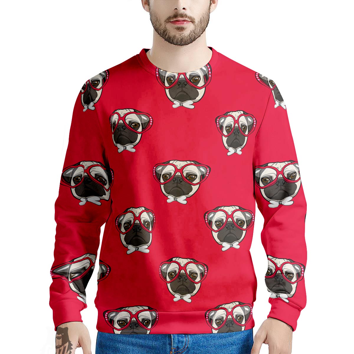 Pug Red Glasses Print Pattern Men's Sweatshirt-grizzshop