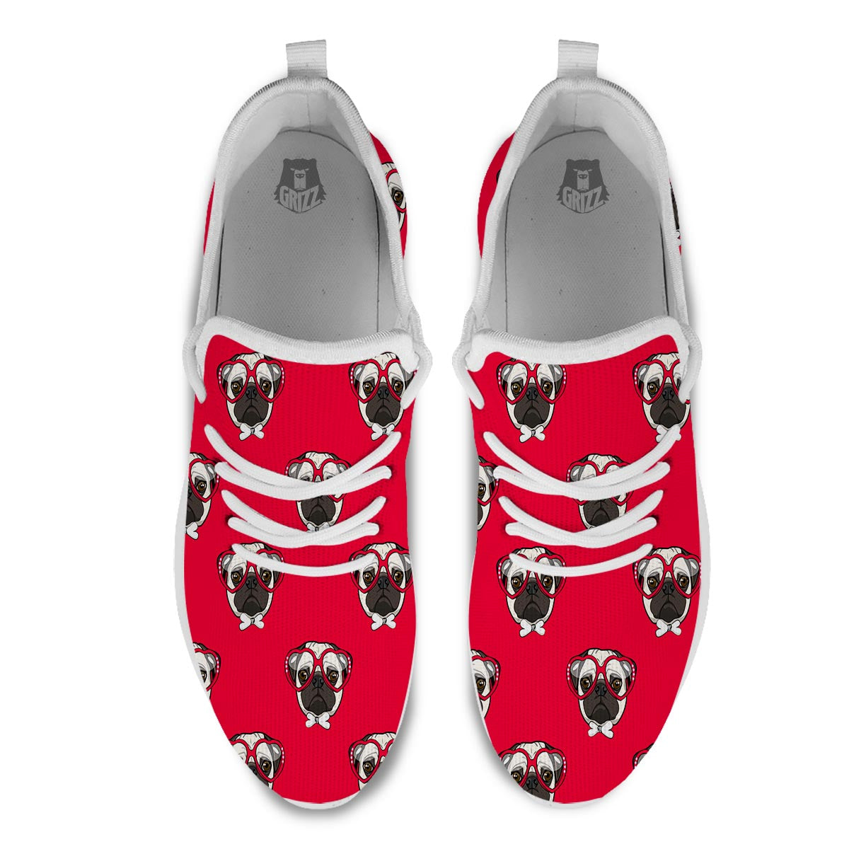 Pug Red Glasses Print Pattern White Athletic Shoes-grizzshop