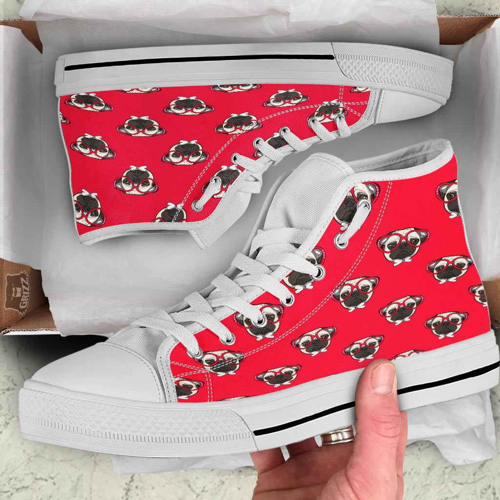 Pug Red Glasses Print Pattern White High Top Shoes-grizzshop