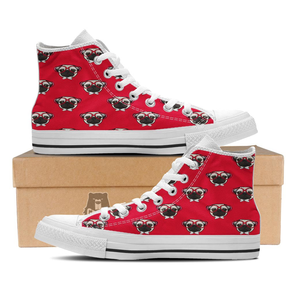 Pug Red Glasses Print Pattern White High Top Shoes-grizzshop