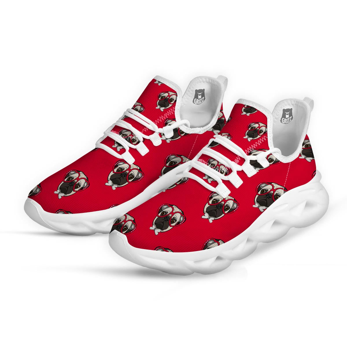 Pug Red Glasses Print Pattern White Running Shoes-grizzshop