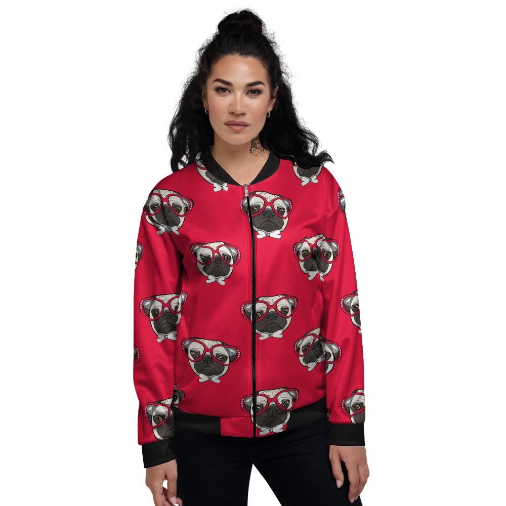 Pug Red Glasses Print Pattern Women's Bomber Jacket-grizzshop