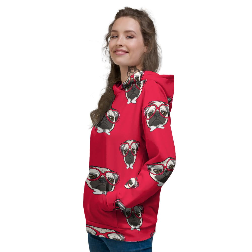 Pug Red Glasses Print Pattern Women's Hoodie-grizzshop