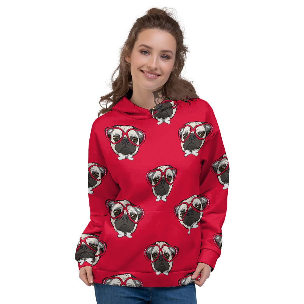 Pug Red Glasses Print Pattern Women's Hoodie-grizzshop