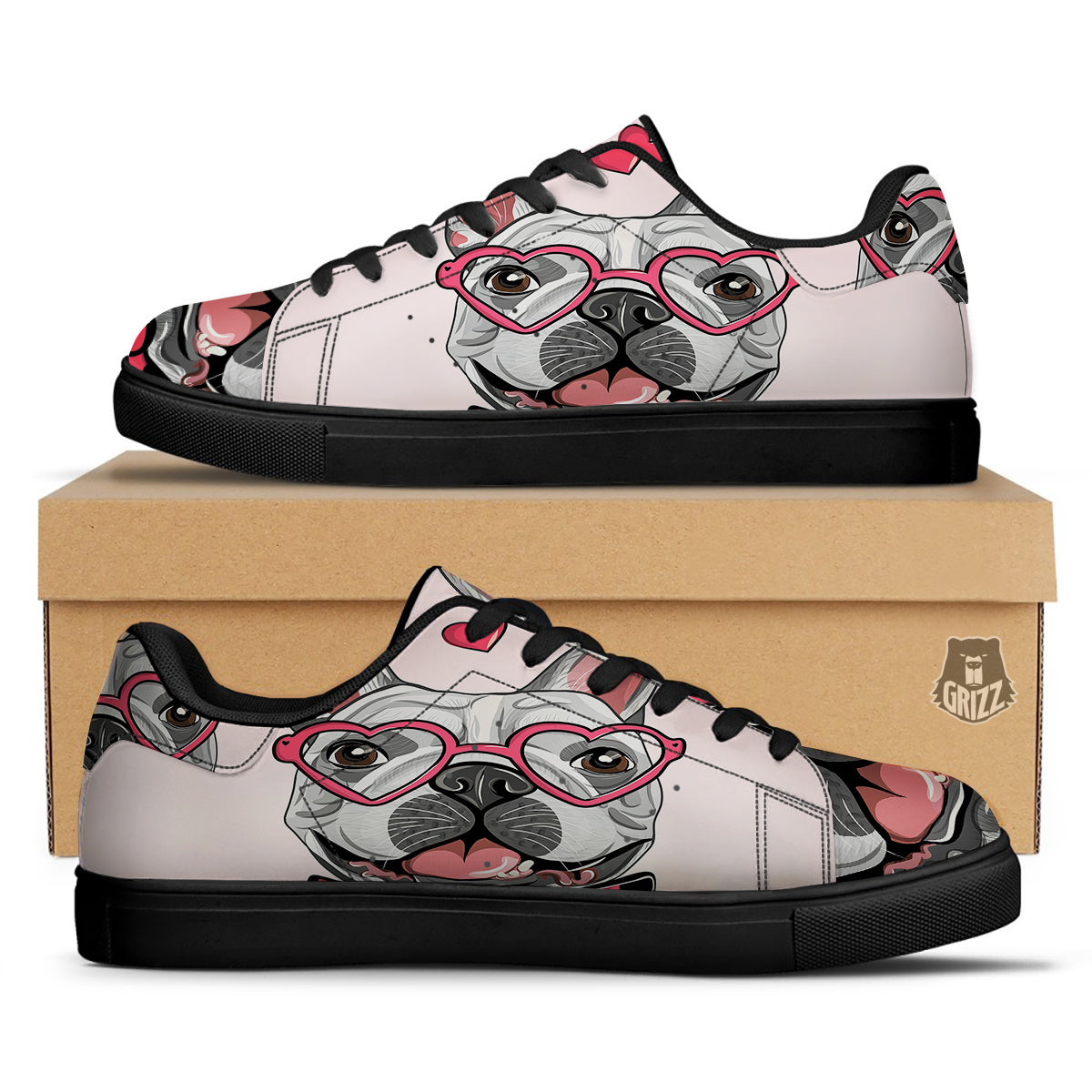Pug With Glasses Cute Print Cute Black Low Top Sneakers-grizzshop