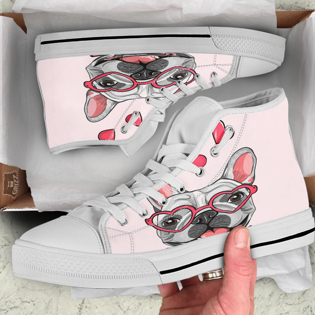 Pug With Glasses Cute Print Cute White High Top Shoes-grizzshop