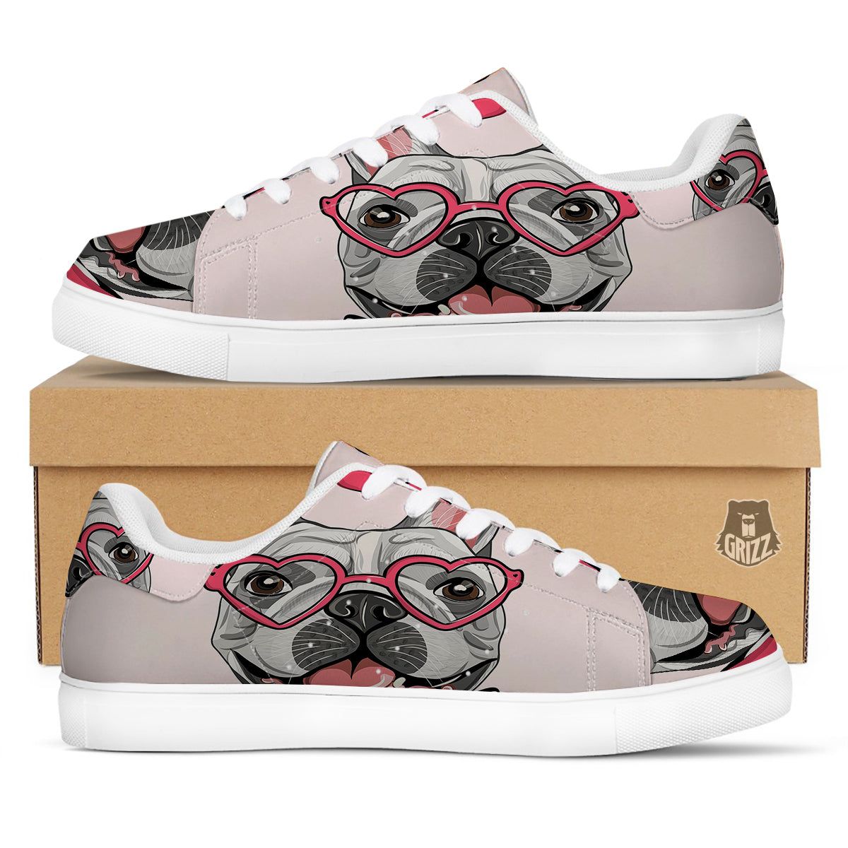 Pug With Glasses Cute Print Cute White Low Top Sneakers-grizzshop