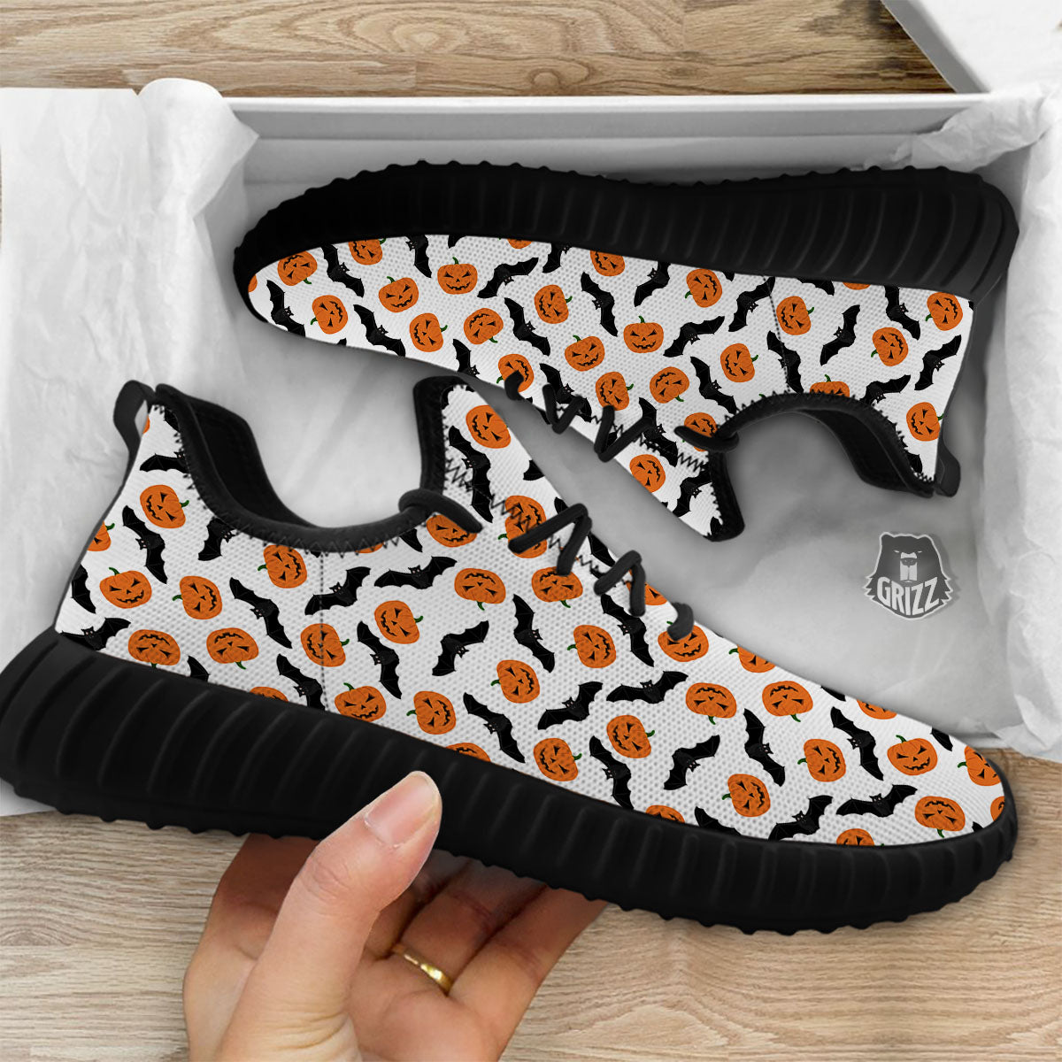 Pumpkin And Bat Halloween Print Pattern Black Walking Shoes-grizzshop