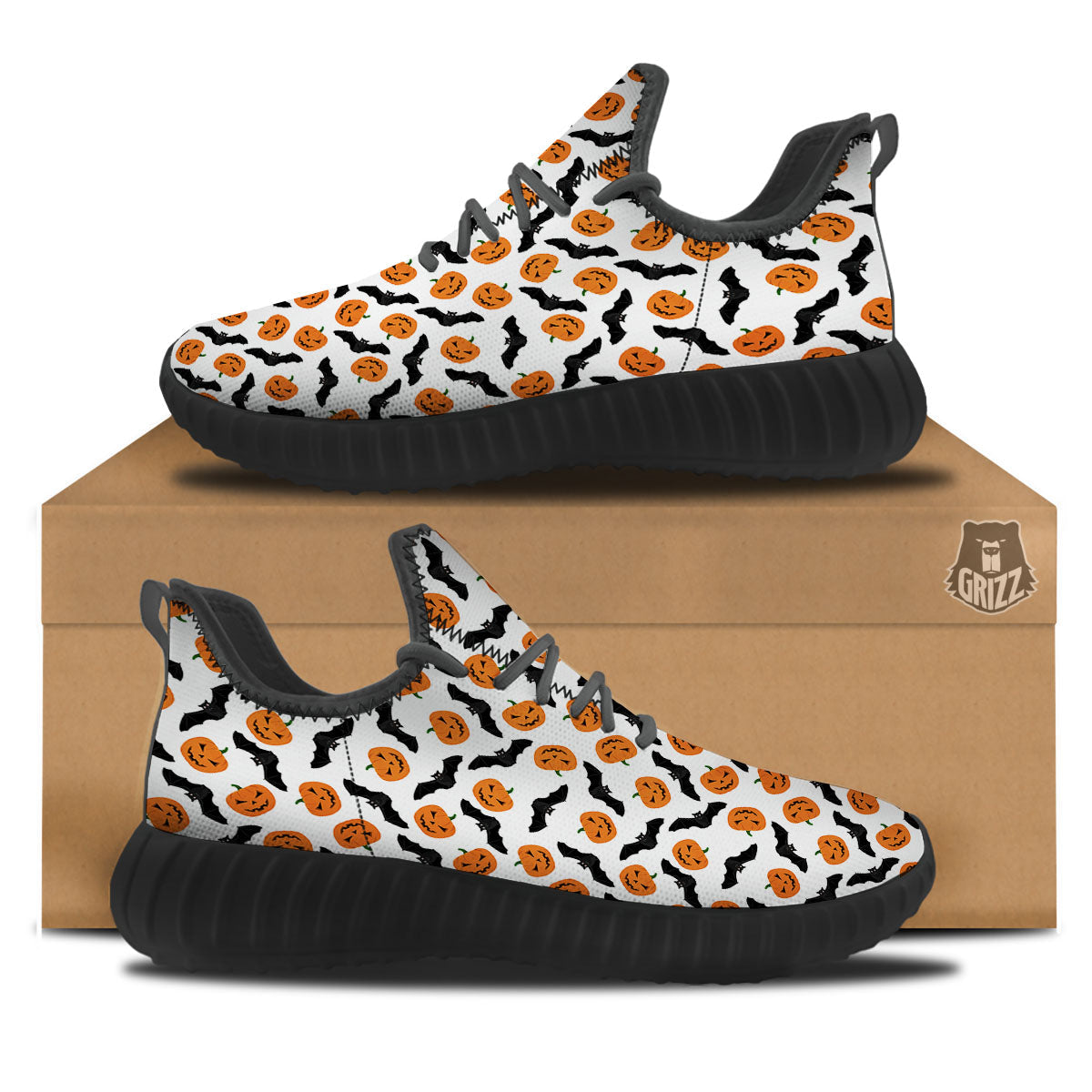 Pumpkin And Bat Halloween Print Pattern Black Walking Shoes-grizzshop