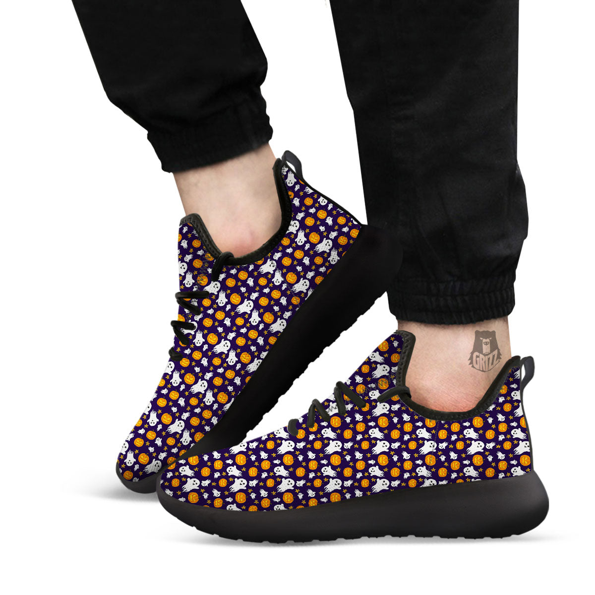 Pumpkin And Ghost Print Pattern Black Athletic Shoes-grizzshop