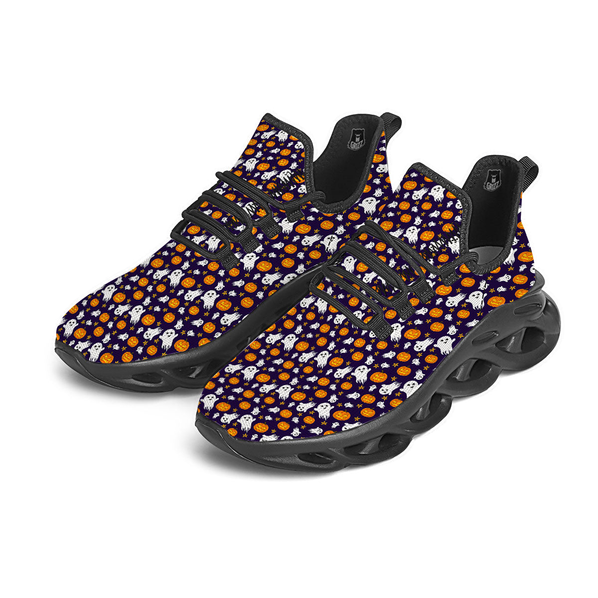 Pumpkin And Ghost Print Pattern Black Running Shoes-grizzshop