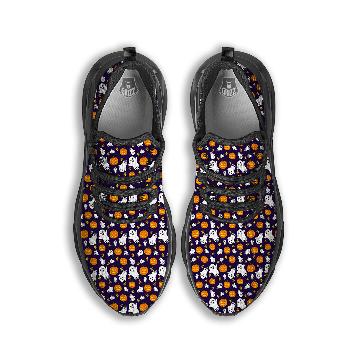 Pumpkin And Ghost Print Pattern Black Running Shoes-grizzshop
