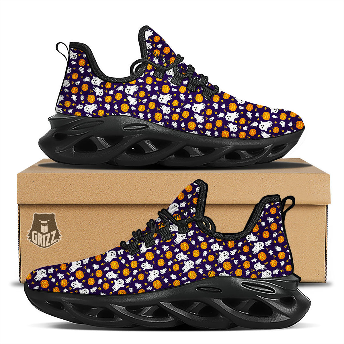Pumpkin And Ghost Print Pattern Black Running Shoes-grizzshop