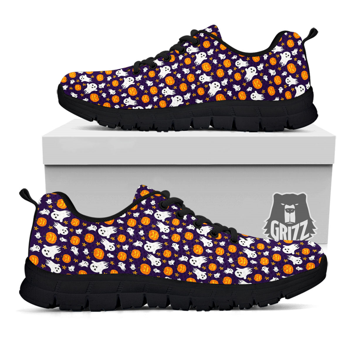 Pumpkin And Ghost Print Pattern Black Sneaker-grizzshop