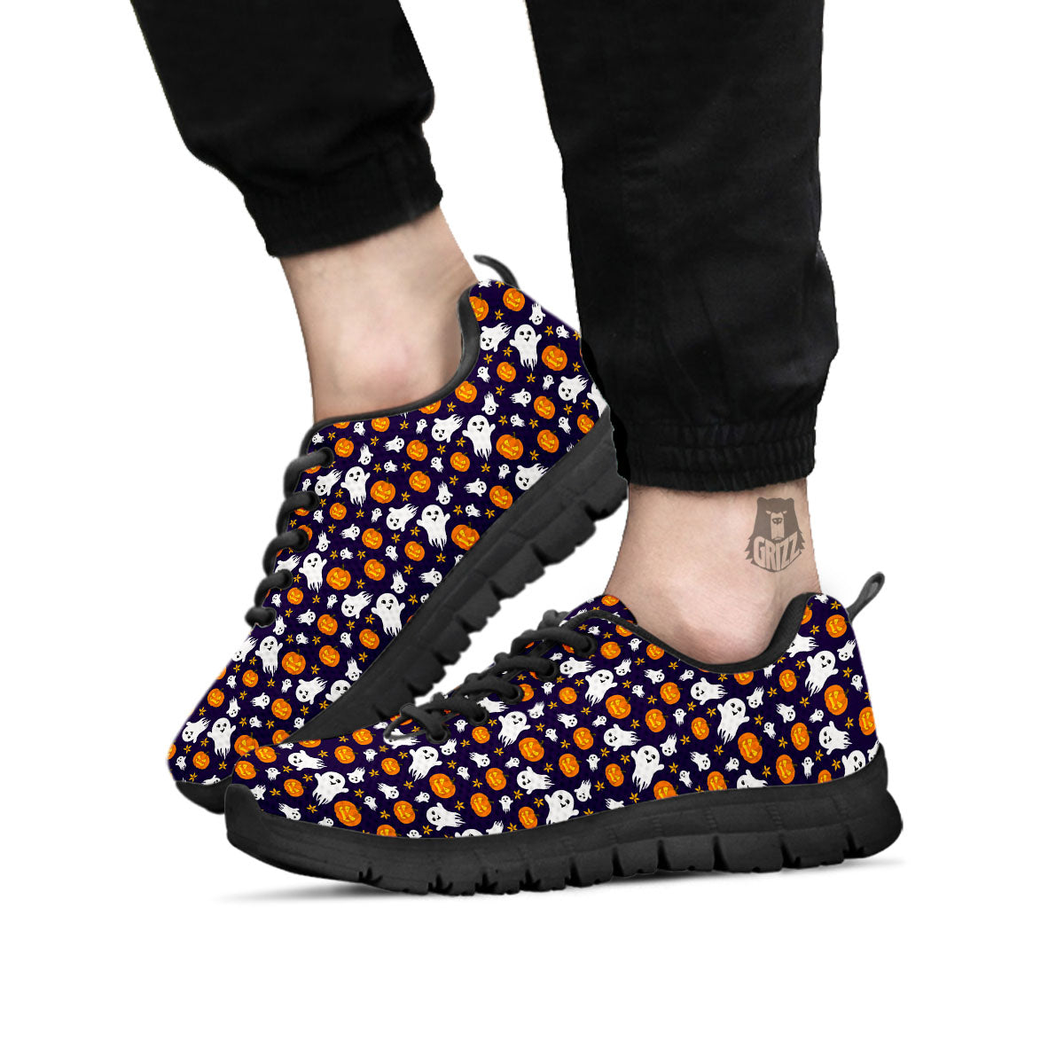Pumpkin And Ghost Print Pattern Black Sneaker-grizzshop