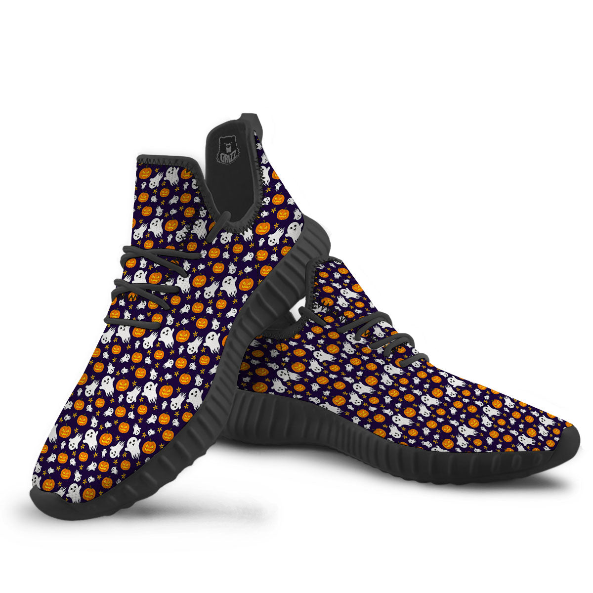 Pumpkin And Ghost Print Pattern Black Walking Shoes-grizzshop